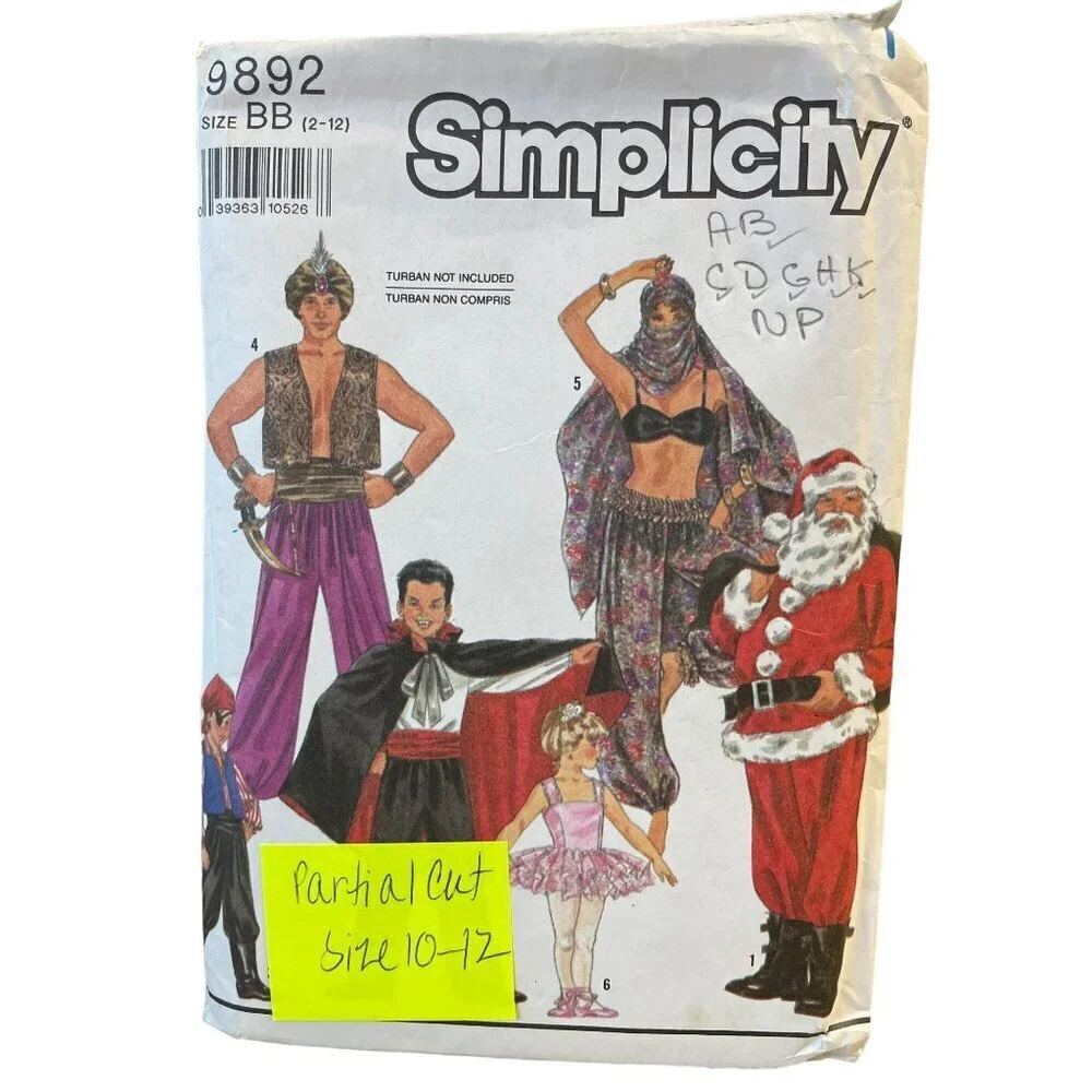 Sewing Pattern Simplicity 9892 Costume Child Partial CUT Size 10-12